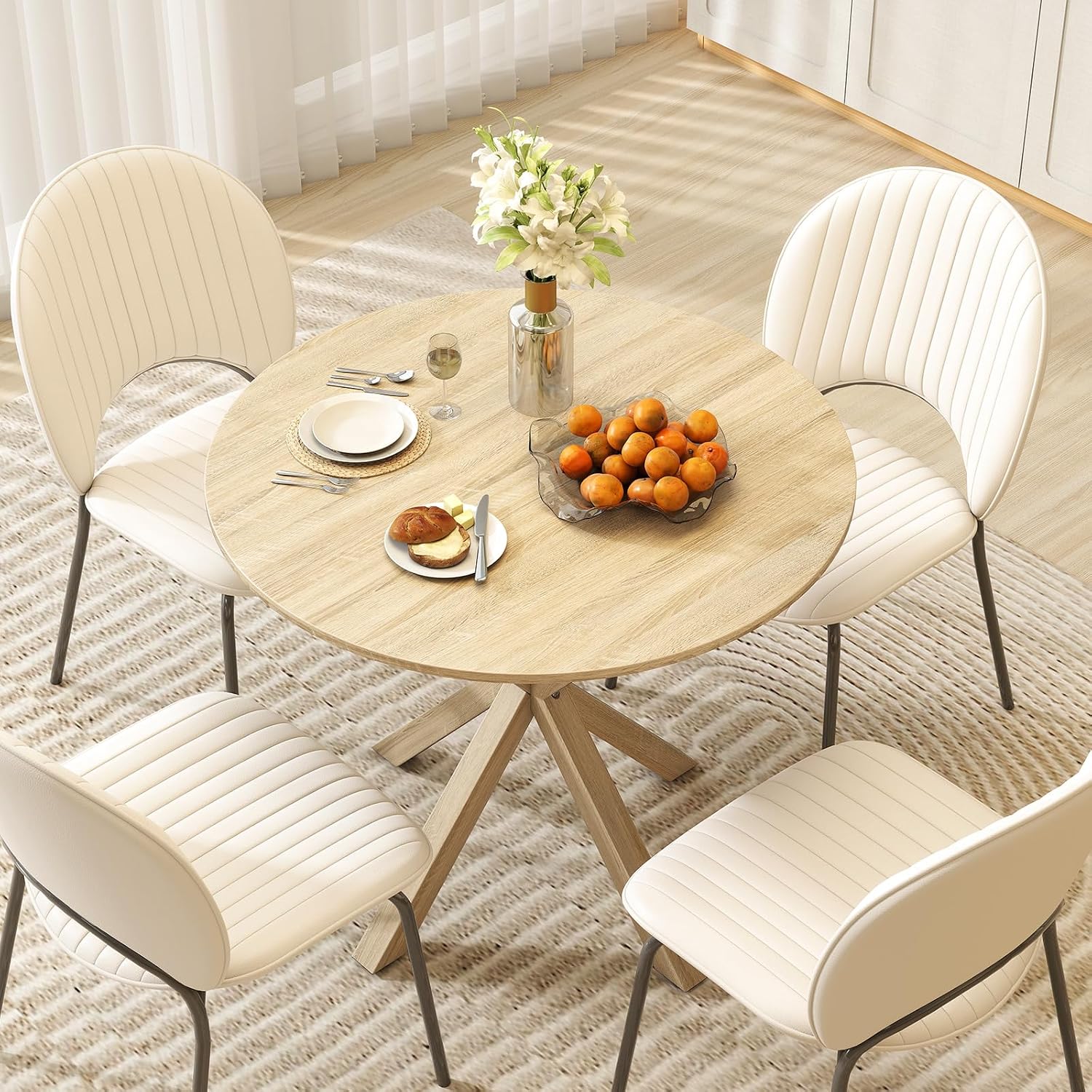 Giantex 36' Round Dining Table for 4, Farmhouse Kitchen Table with Rubber Wood Legs, Adjustable Foot Pads, Dining Room Tables for Dinette, Small Space, Dinner, Living Room, Restaurant, Oak