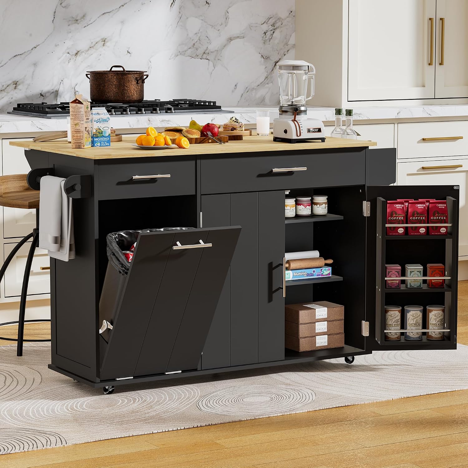HQZX Rolling Kitchen Island with Trash Can Storage, Portable Kitchen Island Cart on Wheels with Drop Leaf & Power Outlet, Towel Rack & Spice Rack, Large Mobile Island Table for Kitchen, Black