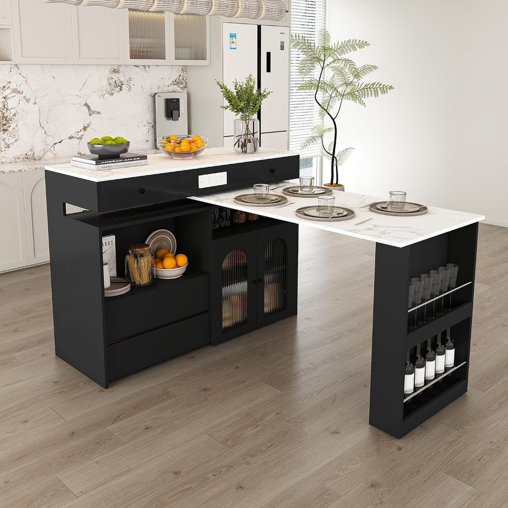 KEIKI Kitchen Island with Extendable & Rotating Table, Expandable Dining Station for 2-4, Kitchen Storage Islands with 4 Drawers & Glass Door Cabinets & Built-in Socket for Dining Room, Black