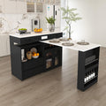 KEIKI Kitchen Island with Extendable & Rotating Table, Expandable Dining Station for 2-4, Kitchen Storage Islands with 4 Drawers & Glass Door Cabinets & Built-in Socket for Dining Room, Black
