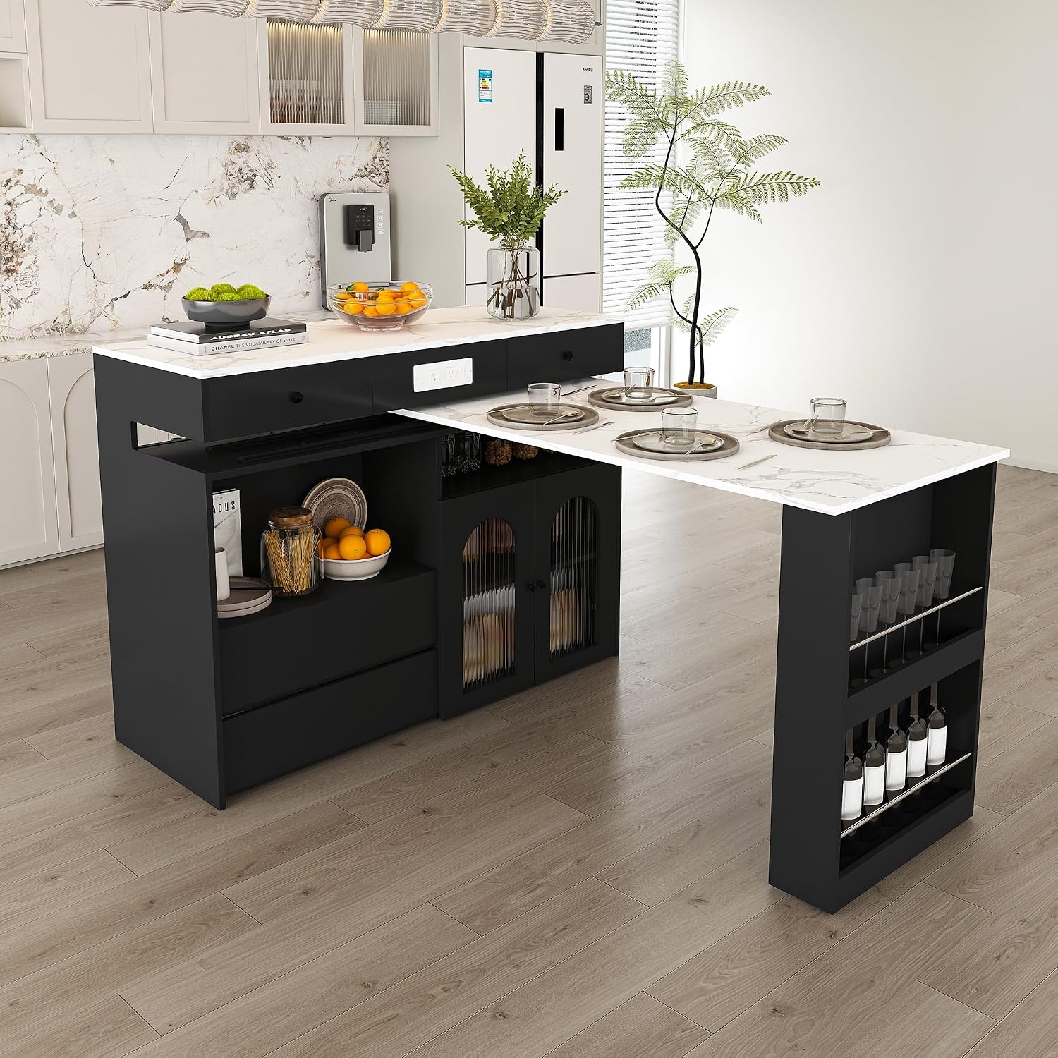 KEIKI Kitchen Island with Extendable & Rotating Table, Expandable Dining Station for 2-4, Kitchen Storage Islands with 4 Drawers & Glass Door Cabinets & Built-in Socket for Dining Room, Black