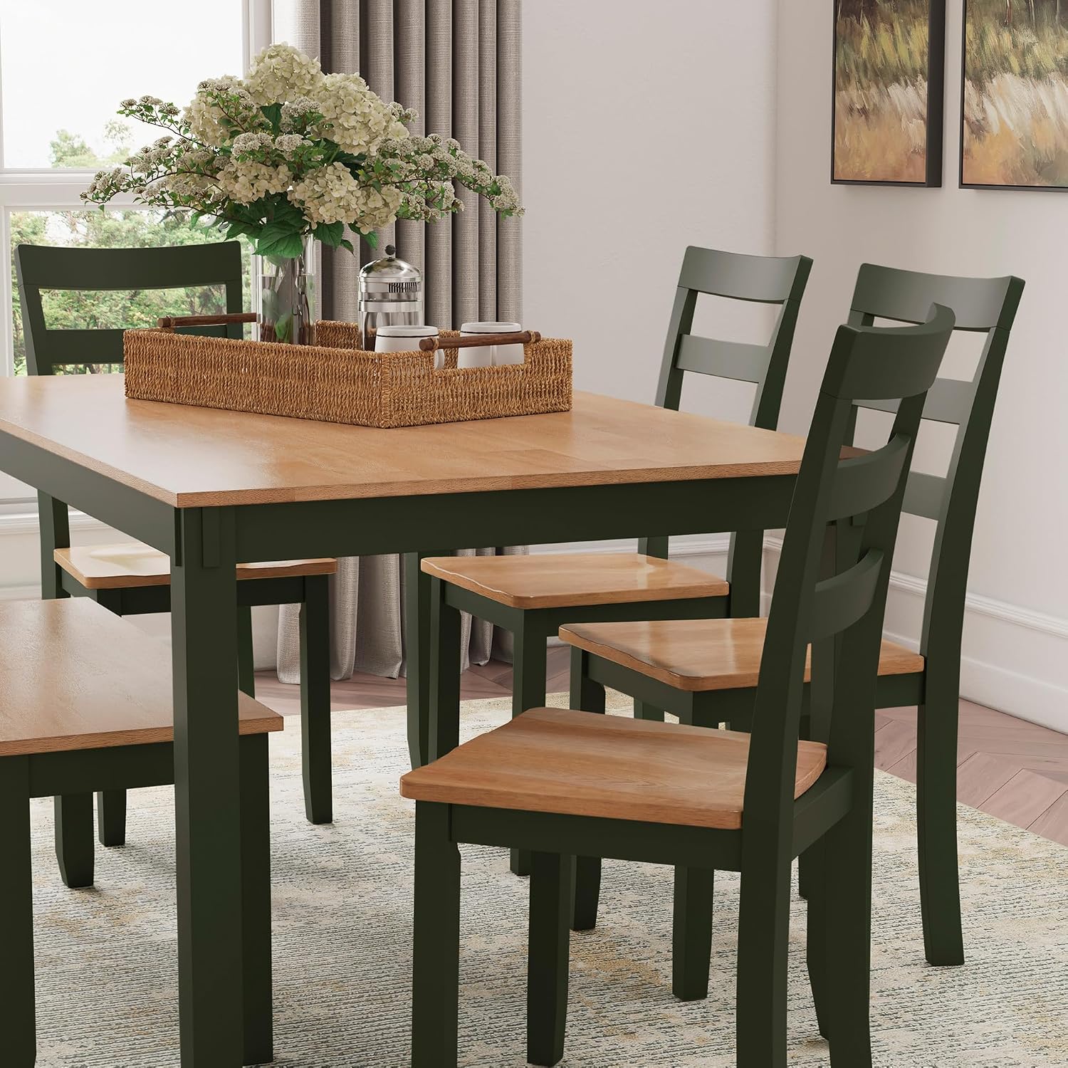 Signature Design by Ashley Gesthaven Modern Dining Table with 4 Chairs and Bench, Set of 6, Green & Light Brown