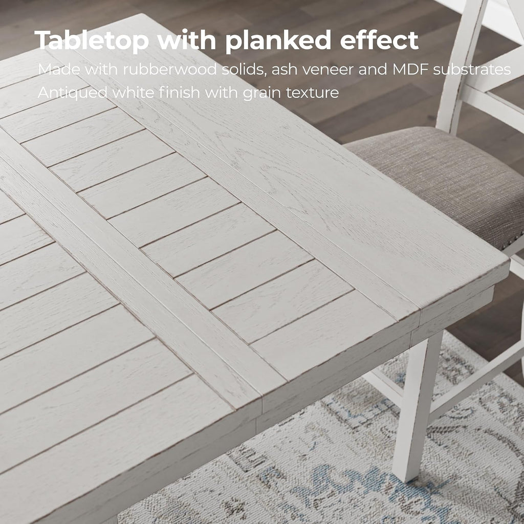 Signature Design by Ashley Robbinsdale Farmhouse Distressed Counter Height Dining Extension Table with Trestle Base, Planked Effect and 2 Removable End Leaves, White