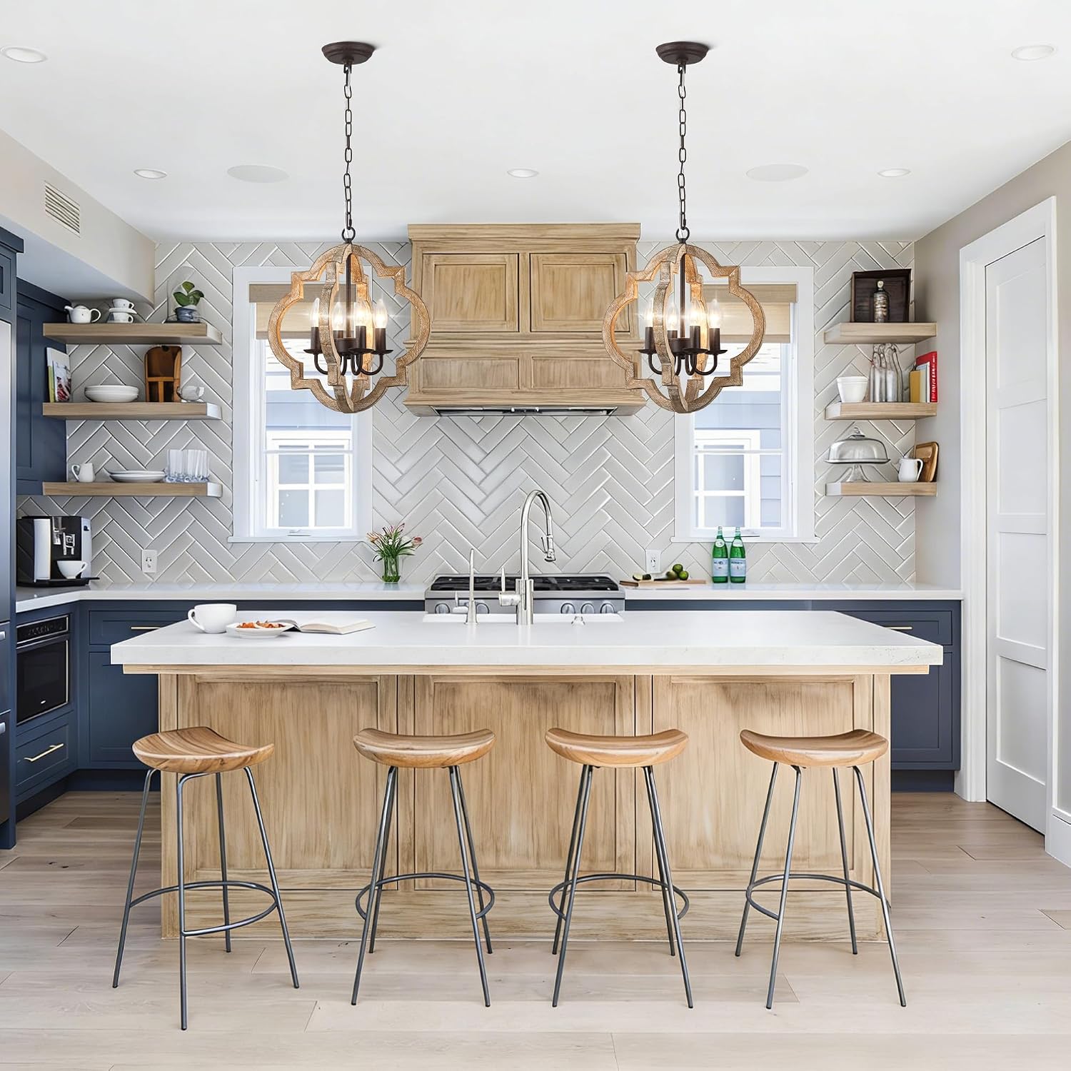16 Inch Farmhouse Chandelier for Dining Room French Country Light Fixtures Over Table 4-Light Rustic Orb Wood Chandelier for Kitchen Hallway Foyer Entryway Bedroom
