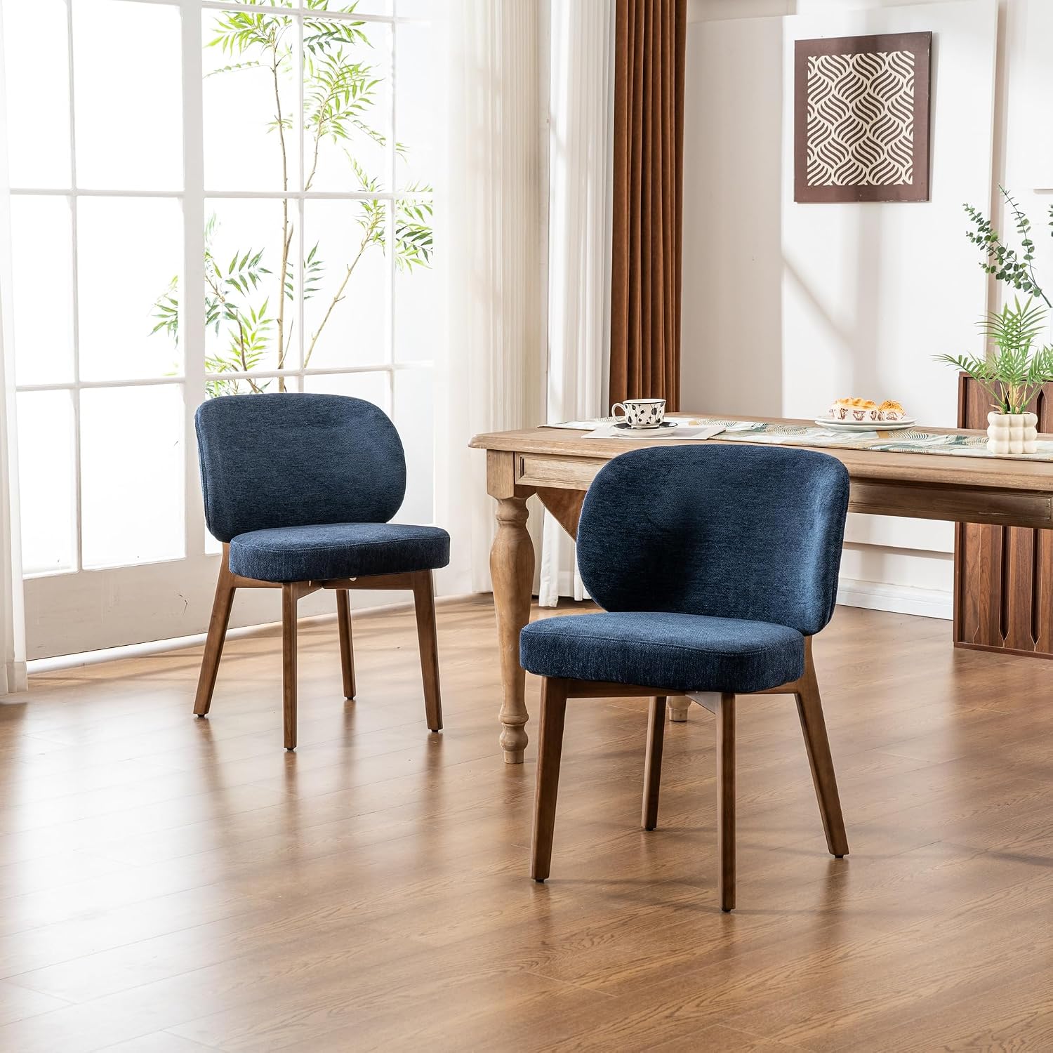 YOUNIKE Dining Chair with Back Single Mid Century Modern Kitchen Chair Boucle Fabric Upholstered Armless Chair 20' Wide Padded Seat with Wooden Legs for Kitchen Dining Living Room Bedroom Navy Blue