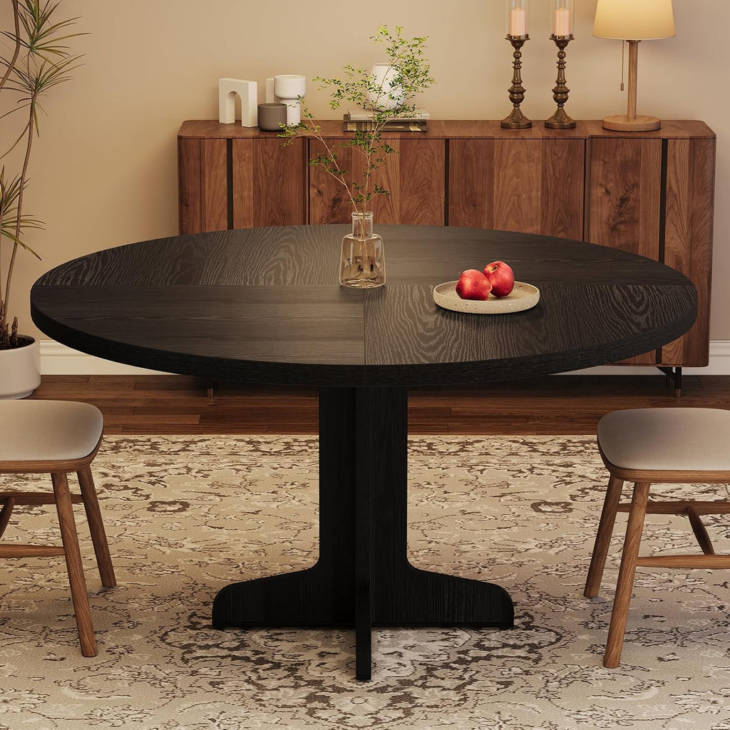 IDEALHOUSE Round Dining Table for 4, 47 Inches Dining Room Table with Wooden Base, Circle Kitchen Dinner Table for Dining Room, Kitchen, Living Room (Table Only), Black