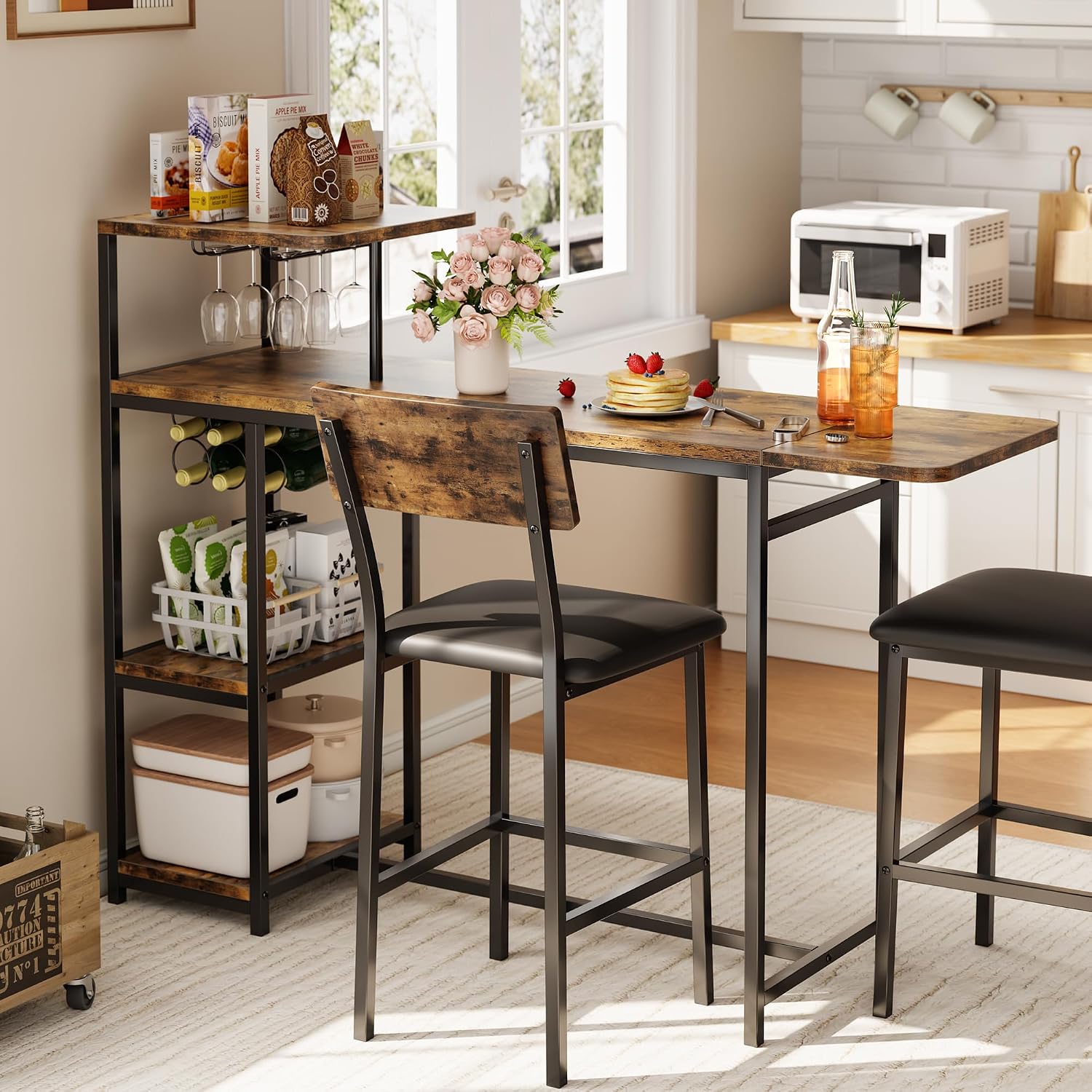 Garvee Dining Table Set for 2, 3-Piece Expandable Bar Table and Chairs Set, with Storage Shelves and Wine Rack, Small Kitchen Dining Set for Living Room, Apartment