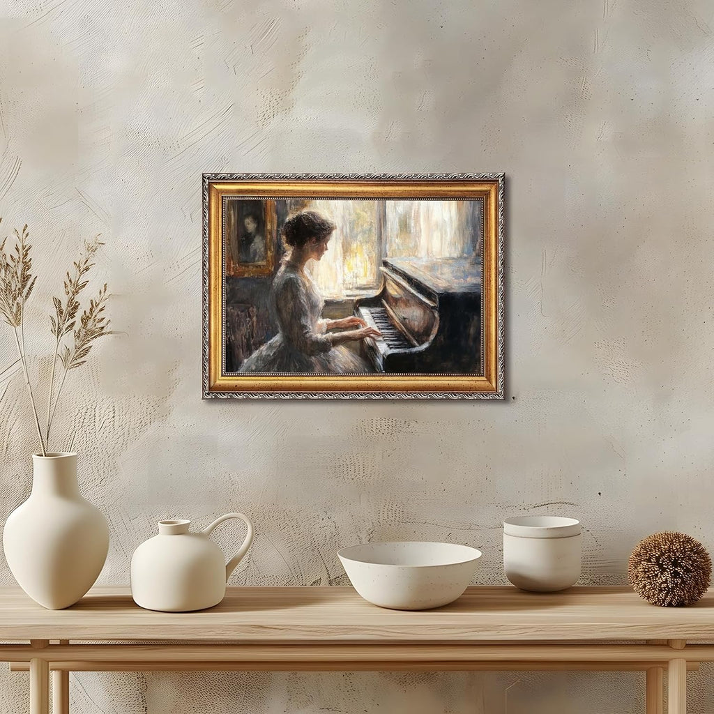 Large Framed Victorian Woman Piano Oil Painting Wall Art Elegant Lady by Window Canvas Print Classical Music Poster Room Decor Vintage European Picture Artwork for Living Room Bedroom 24x36inch