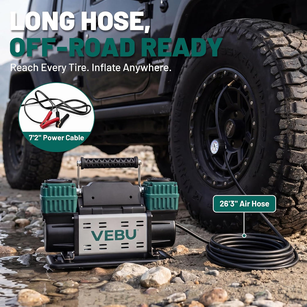 Heavy Duty Air Compressor 12V Tire Inflator, Dual Cylinder 125PSI with In-line Pressure Gauge, 10.6CFM Fast Inflation for Off-road Vehicles, Trucks, SUVs, RVs, ATVs, DC Power, Corded Electric
