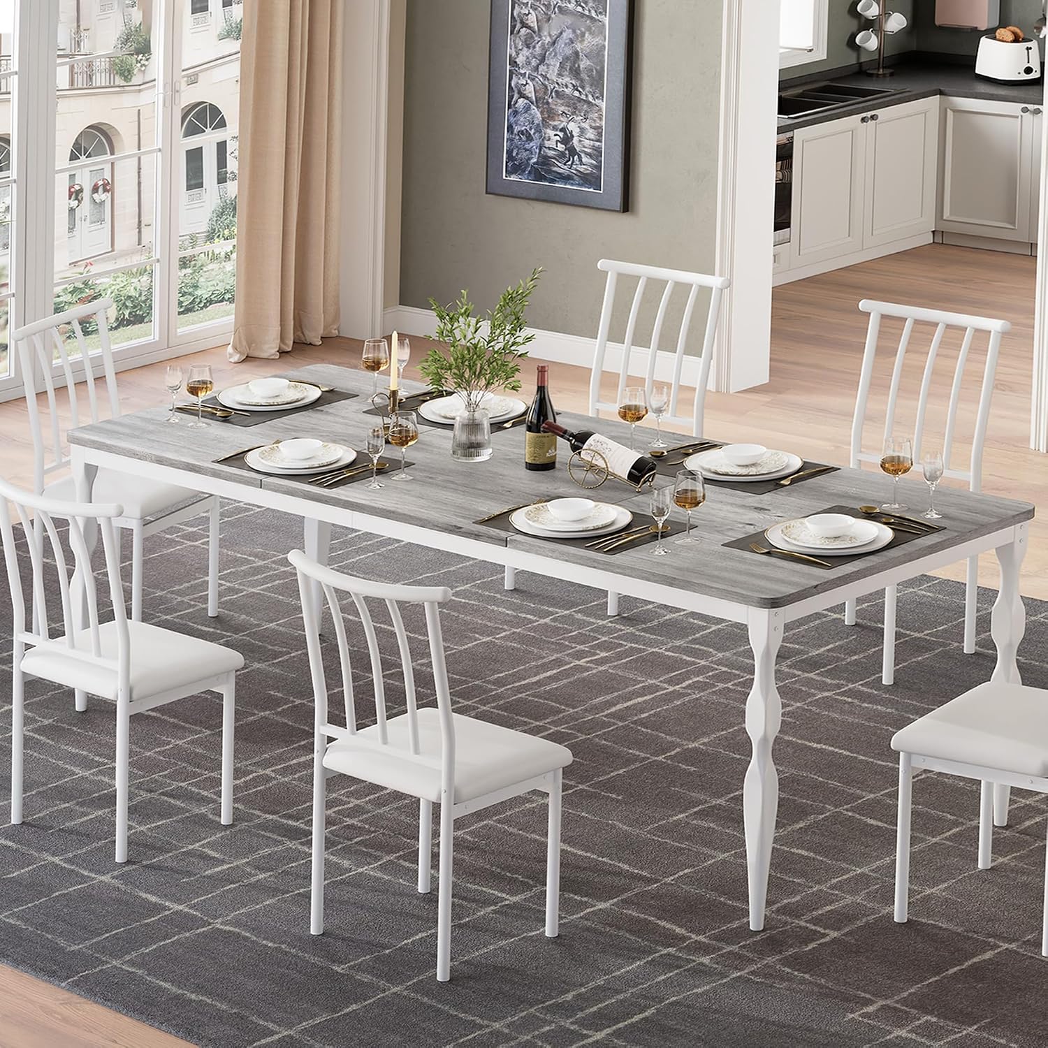 Garvee 71-Inch Modern Farmhouse Dining Table, Large Rectangular Kitchen Table for 6-8 People, Sturdy Wood Top with Unique Legs, Scratch-Resistant Dining Room Furniture for Party, Big Family, Grey