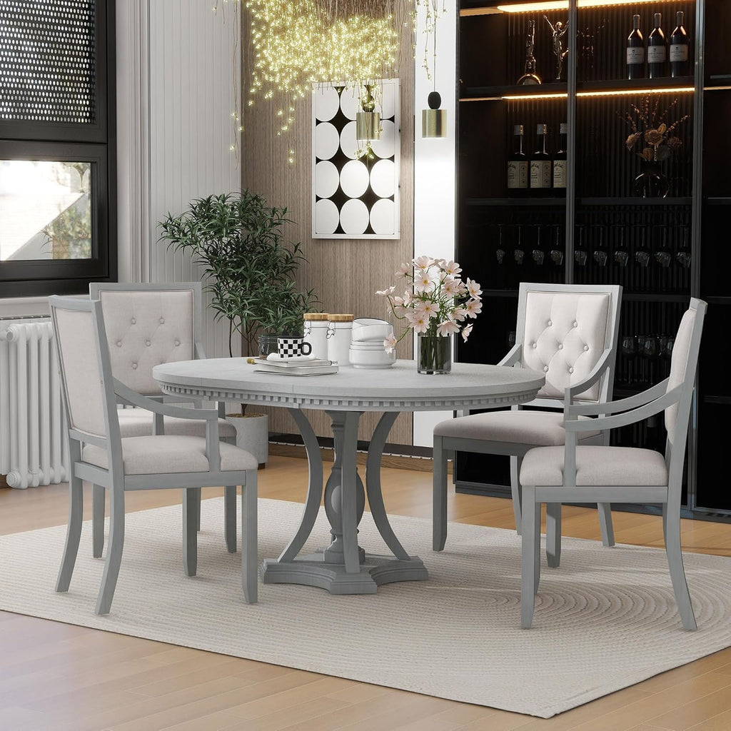 LUMISOL Round Dining Table Set for 4, 5-Piece Extendable Kitchen Table Set with 4 Upholstered Chairs, Farmhouse Table and Chairs Set for Kitchen, Dining Room, Living Room, Antique Grey
