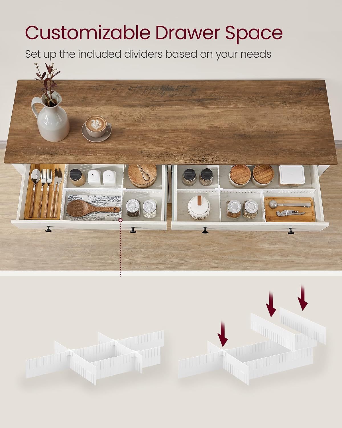 VASAGLE LIRY Collection - Buffet Cabinet, Coffee Bar Cabinet with 2 Drawers, Adjustable Shelves, Sideboard Storage with Cable Holes, Drawer Dividers, Rustic White and Honey Brown UBBK381W01