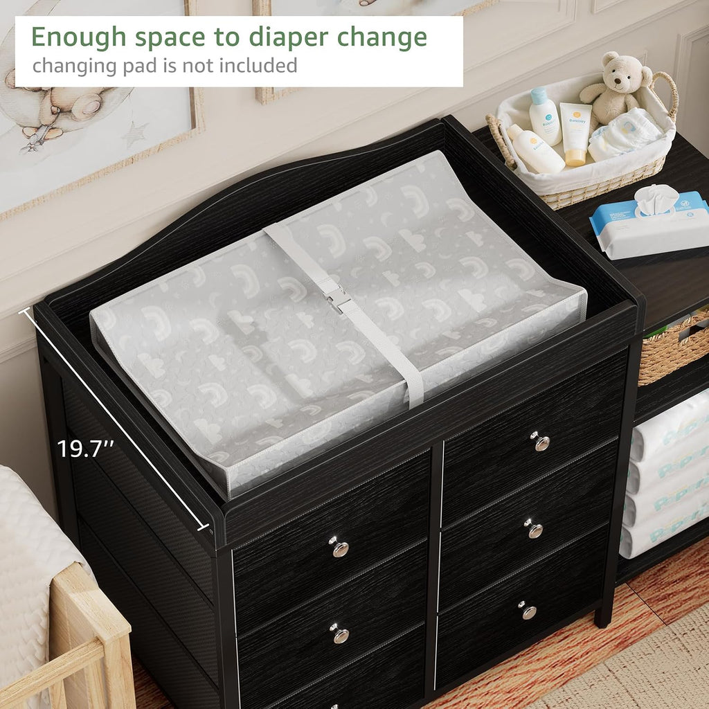 BOLUO Baby Dresser with Changing Table Top, Black Changing Table Dresser with 6 Fabric Drawers Diaper Changing Station with Storage Shelf for Nursery Modern