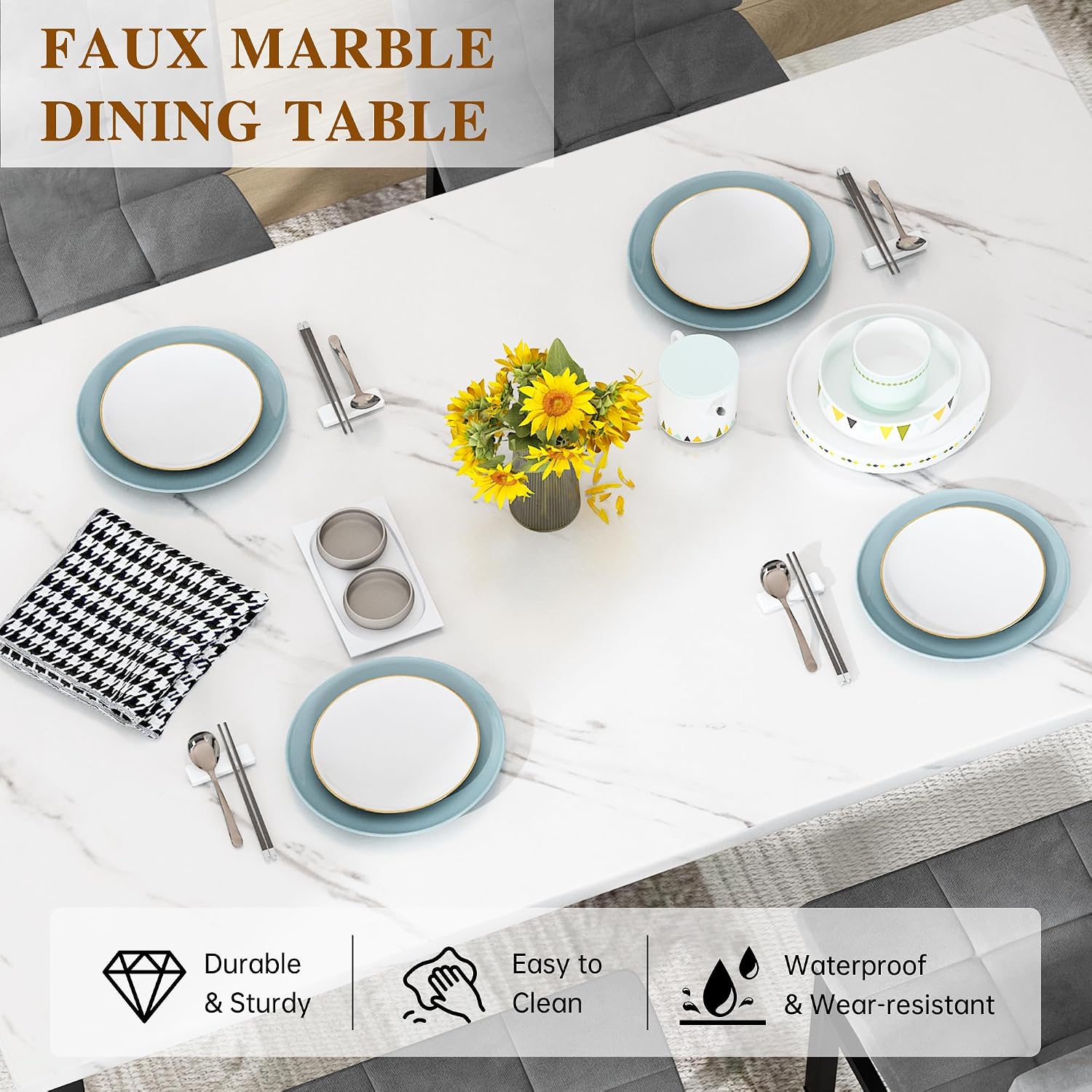 AWQM Dining Table Set for 4,Faux Marble Kitchen Table and Chairs Set of 4, Modern Dining Room Set for 4,Dinner Table Set with Velvet Chairs, Dining Set for Small Spaces,White & Grey