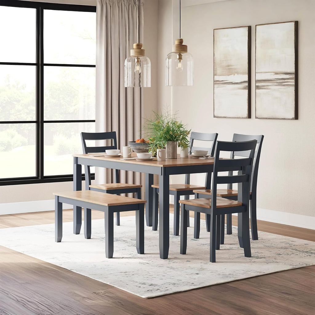 Signature Design by Ashley Gesthaven Casual Dining Room Table Set with 4 Chairs and Bench, Set of 6, Mango Wood, 30.25' Table Height, Blue & Light Brown