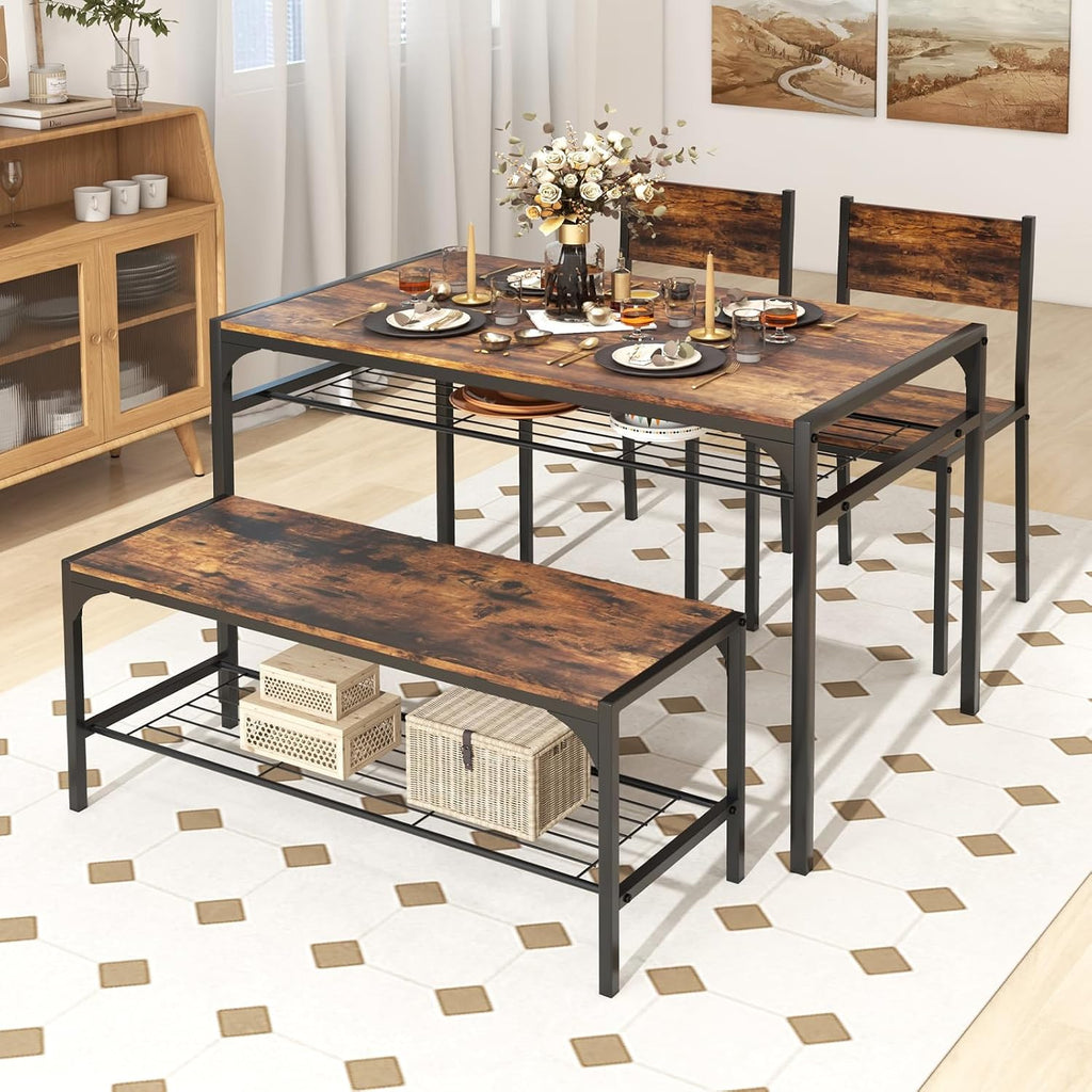 COSTWAY 4 Pieces Dining Table Set, Kitchen Table and 2 Chairs for 4 with Bench, Storage Racks, Metal Frame & Space-saving Design, Industrial Kitchen Table Set for Small Space, Apartment (Rustic Brown)