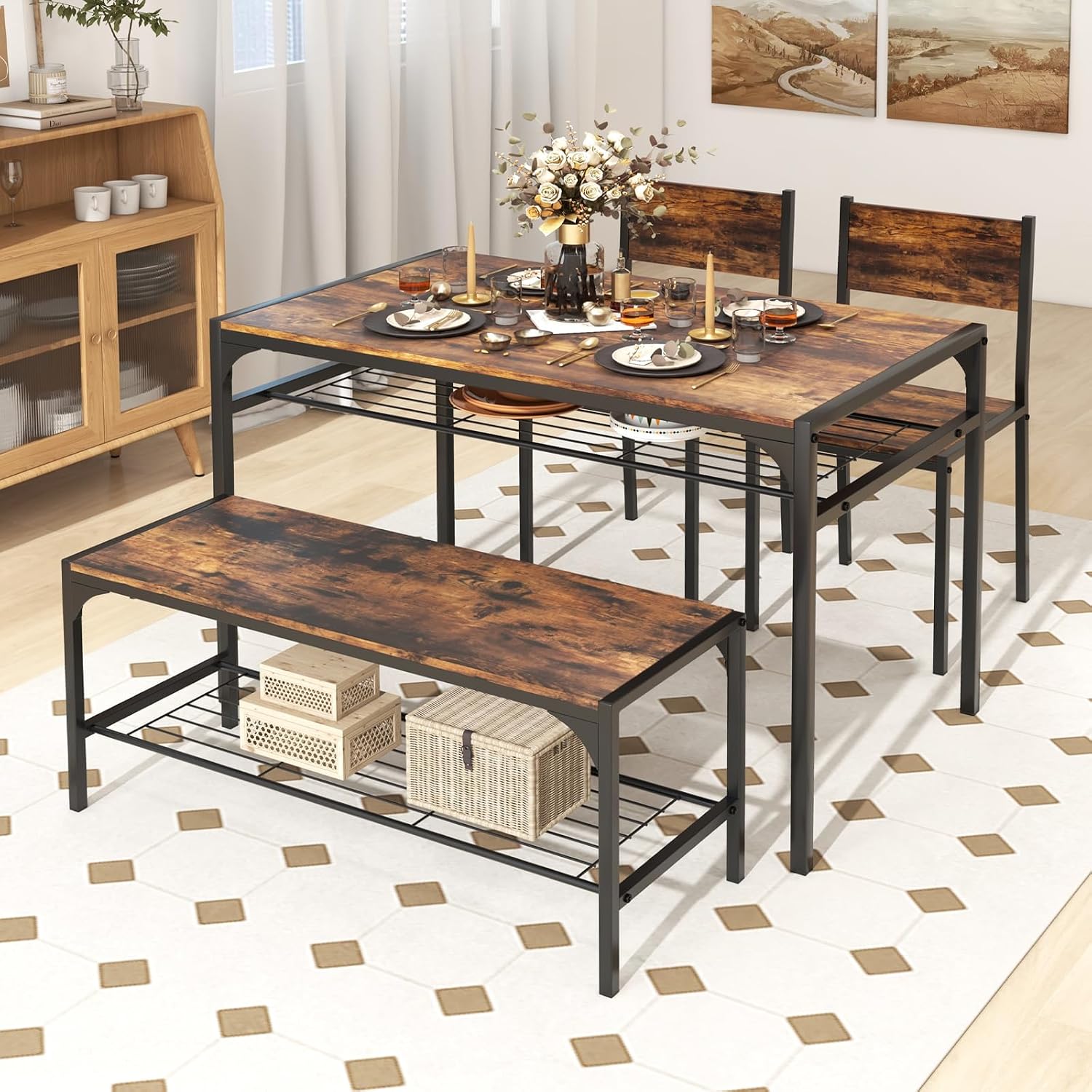 COSTWAY 4 Pieces Dining Table Set, Kitchen Table and 2 Chairs for 4 with Bench, Storage Racks, Metal Frame & Space-saving Design, Industrial Kitchen Table Set for Small Space, Apartment (Rustic Brown)