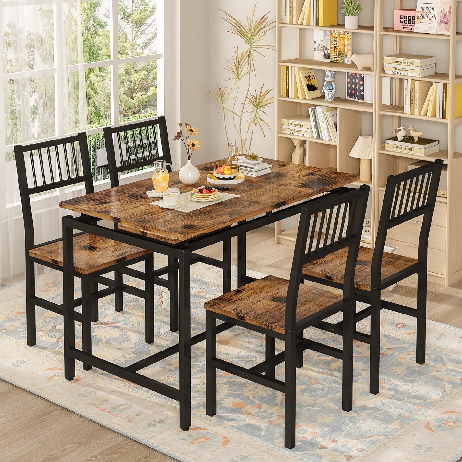 AWQM 47.2 Inch Dining Table Set for 4,Industrial Table with 4 Curved Chairs Set,5-Piece Rectangular Kitchen Table Set for Dining Room,Breakfast Nook,Small Space