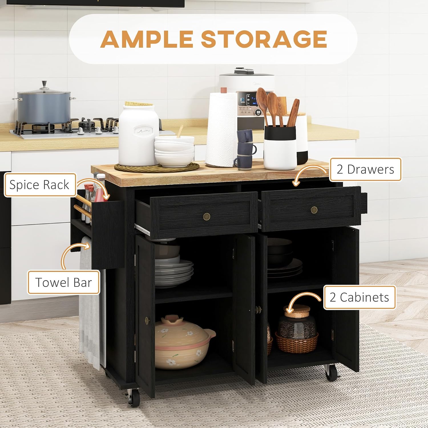 HOMCOM Kitchen Island Cart with Solid Wood Top, 44' Mobile Kitchen Island Table on Wheels with Storage Cabinets, 2 Drawers, Adjustable Shelves, Spice Rack & Towel Bar for Dining Room, Distressed Black