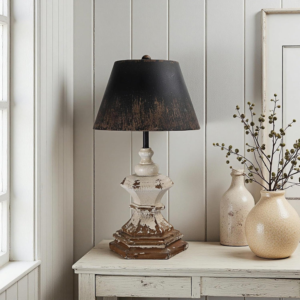 Vintage Table Lamp with Black Distressed Shade, 28' Tall Classic Pedestal Base, Rustic Farmhouse Bedside or Entryway Lighting Fixture