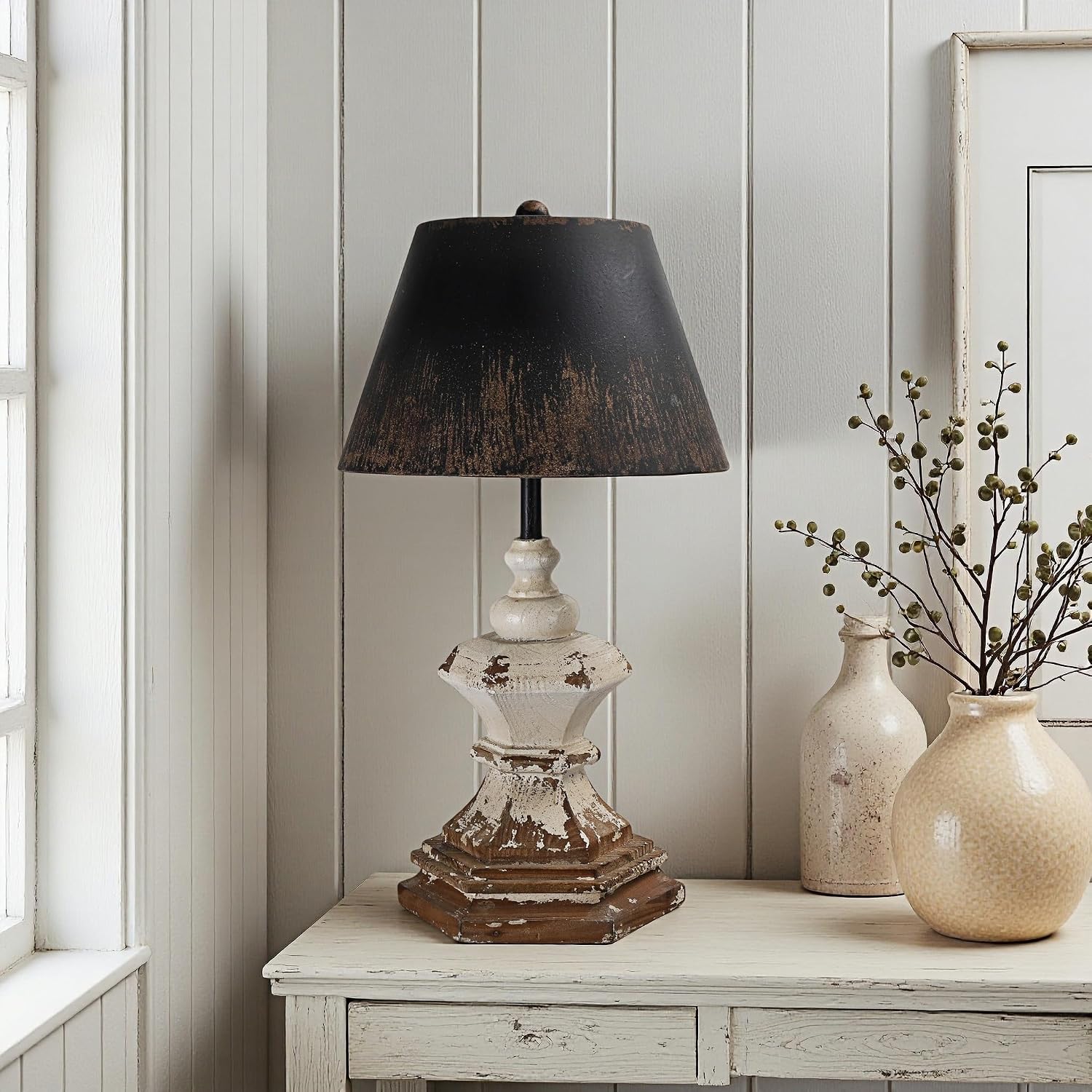 Vintage Table Lamp with Black Distressed Shade, 28' Tall Classic Pedestal Base, Rustic Farmhouse Bedside or Entryway Lighting Fixture