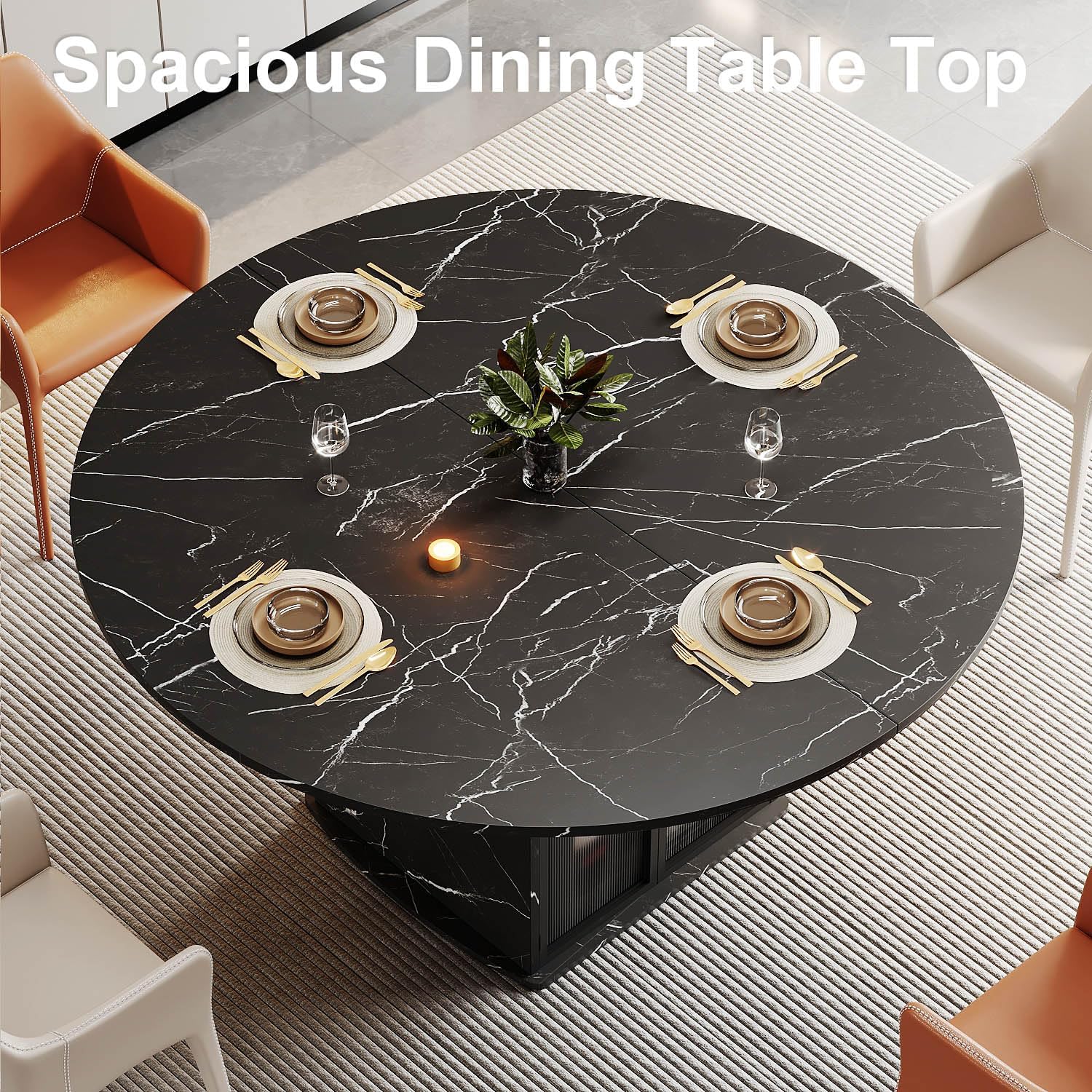 IBF Round Dining Table with Storage, Black Faux Marble Kitchen Tables for 4-6 People, 47' Modern Dining Room Tables with Fridge Space, Wood Circle Dinner Table for Home, Black Marble, Only Table