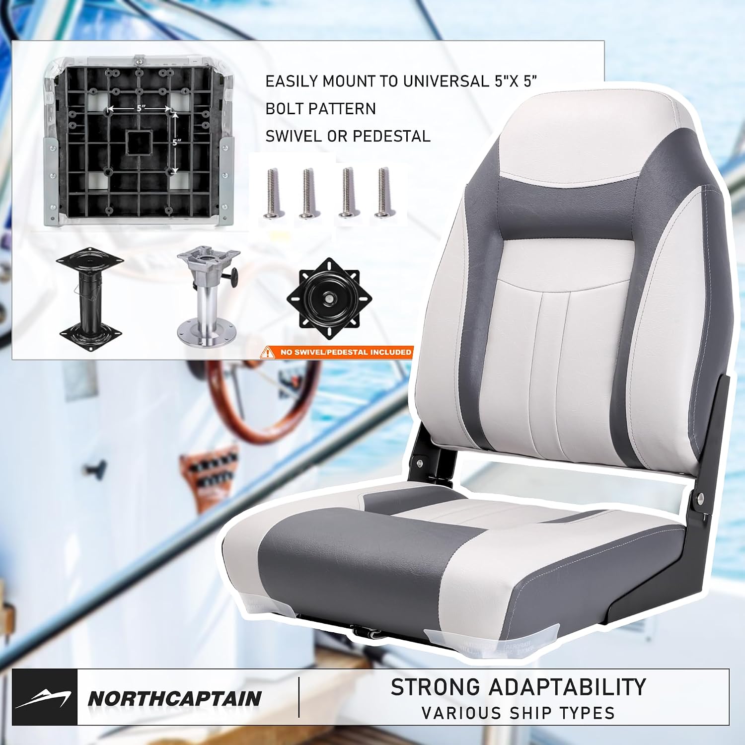 NORTHCAPTAIN S1 Deluxe A Pair of Marine High Back/Low Back Folding Fishing Boat Seat for Fishing, Bass/Jon/Pontoon Boat Chairs, 4 Mounting Screws Included