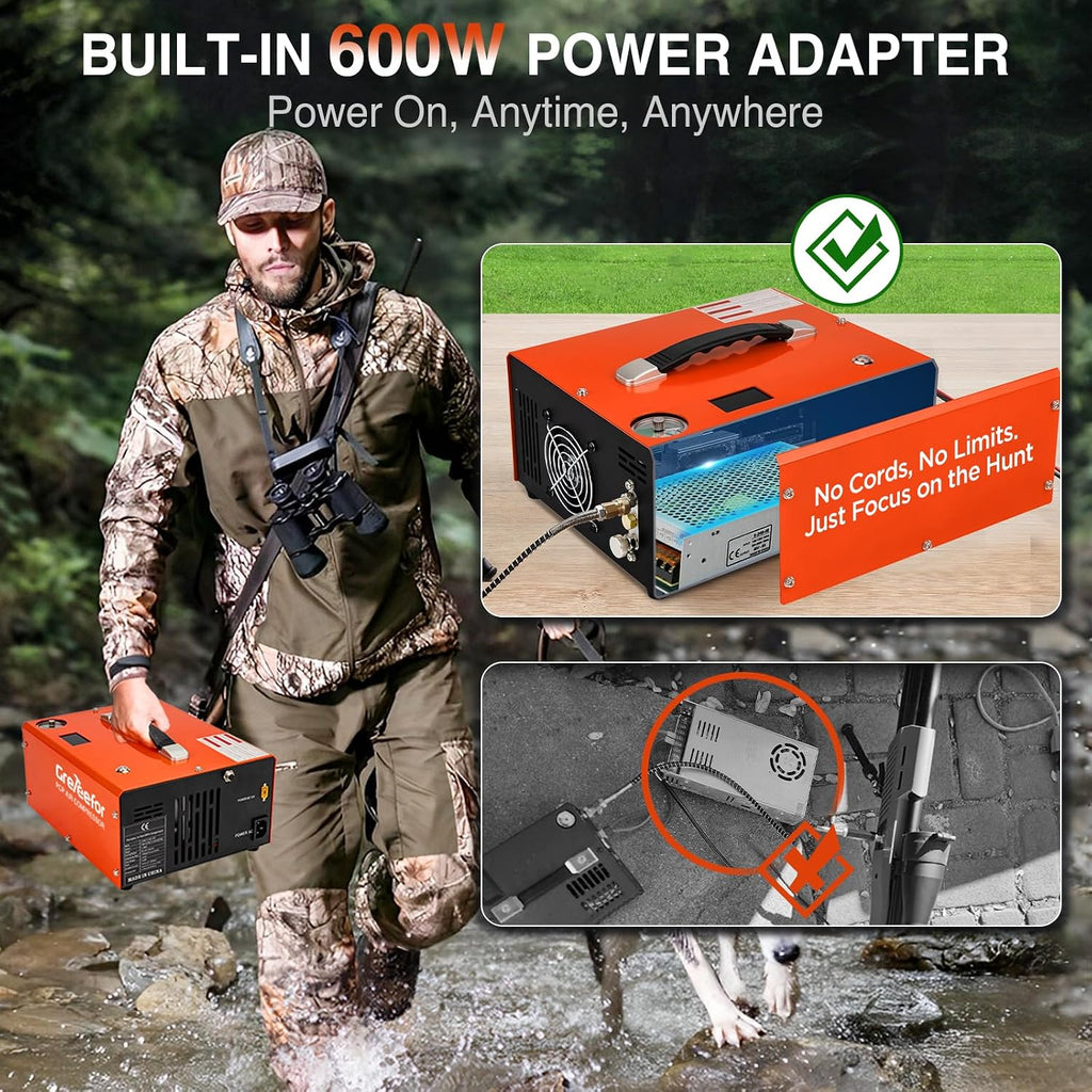 PCP Air Compressor 4500Psi/30Mpa, 350W Oil-Free Fast Fill Pump with Auto Shut-Off, Dual Power 12V DC & 110V/220V AC, Portable Air Pump Paintball, Air Rifle, Airguns HPA Tanks(Compact)