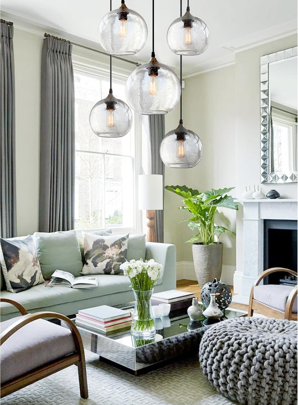 Glass Cluster Chandelier 5-Lights Pendant Lights Modern Rustic Seeded Bubbles Globe Ceiling Hanging Fixtures Entryway Hallway Dining Living Room Stair Group Lamp 7-9 Inch Diam
