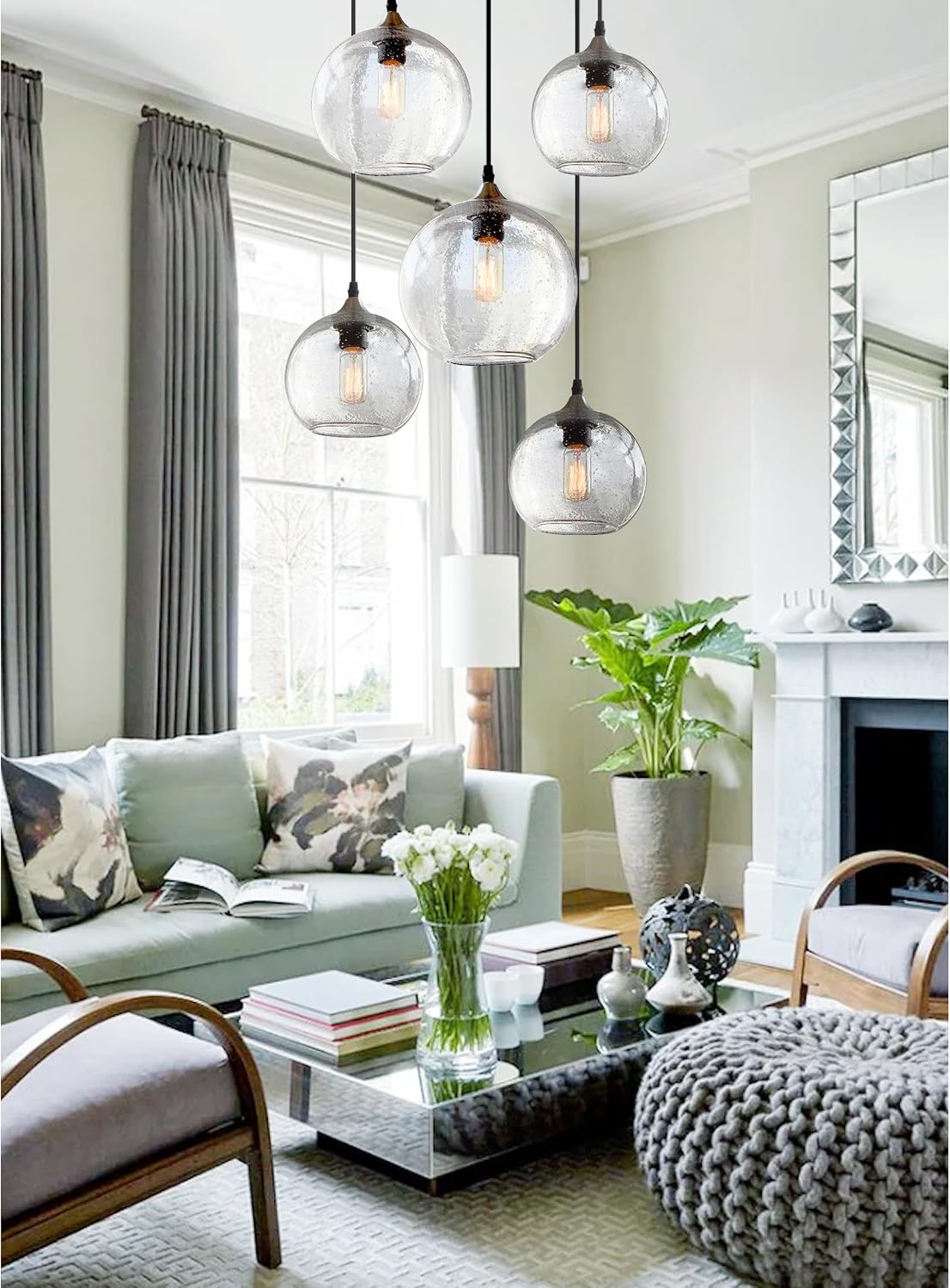 Glass Cluster Chandelier 5-Lights Pendant Lights Modern Rustic Seeded Bubbles Globe Ceiling Hanging Fixtures Entryway Hallway Dining Living Room Stair Group Lamp 7-9 Inch Diam