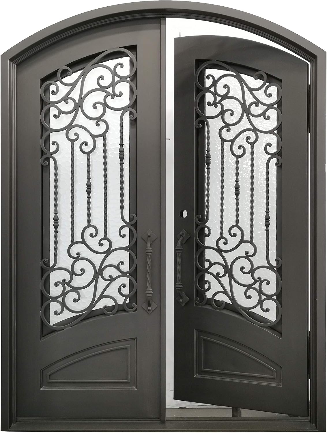 Archer Exterior Double Front Entry Door Wrought Iron with Operable Tempered Water Cube Glass Inside Swing Dark Bronze Finish (72 By 96 Right Hinge Active)