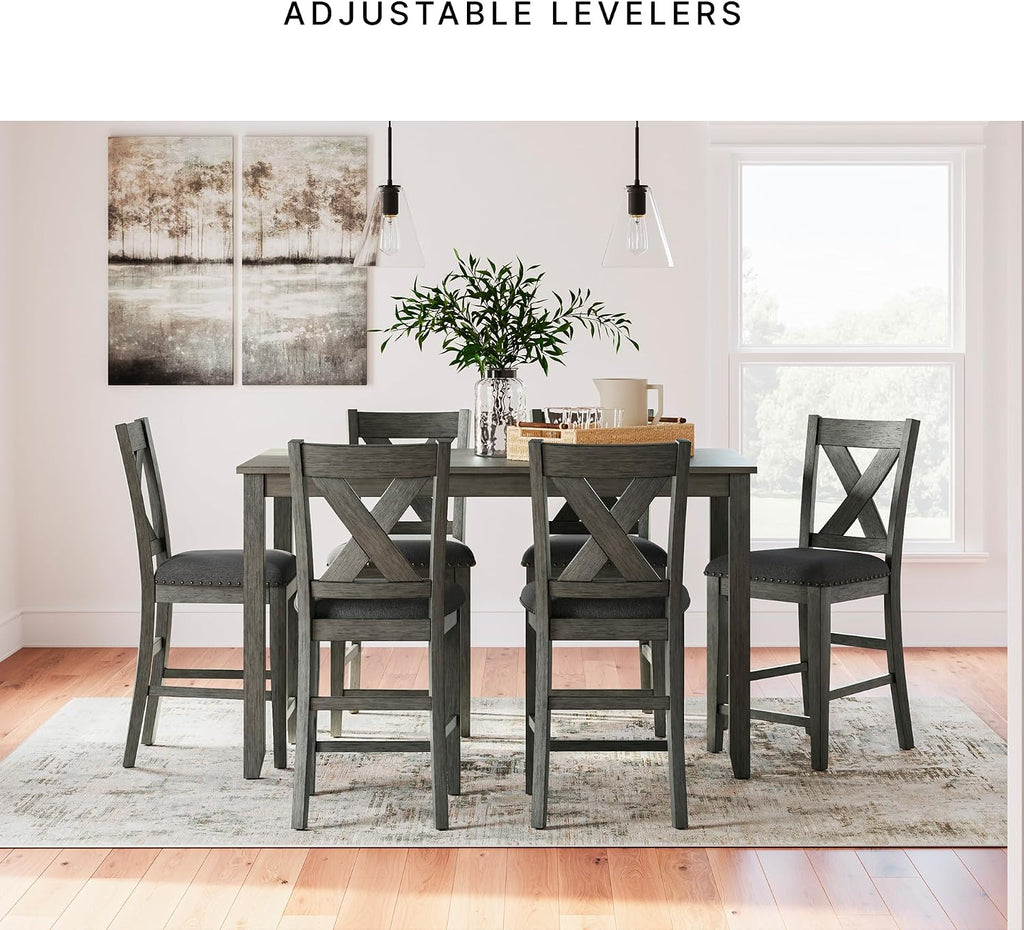 Signature Design by Ashley Caitbrook Casual Counter Height Dining Table and Upholstered Bar Stools with Nailhead Trim, Set of 7, Gray