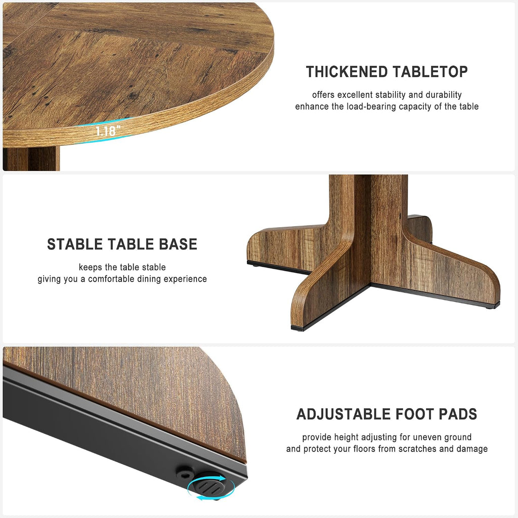 IDEALHOUSE Round Dining Table for 4, 47 Inches Circle Dining Room Table with Wooden Base for Kitchen, Living Room (Table Only), Brown
