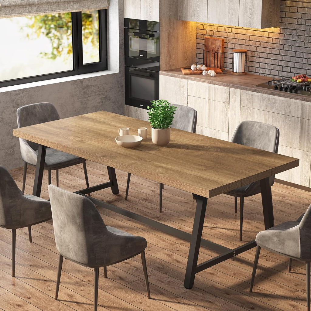 Tribesigns Dining Table for 8 People, 70.87-inch Rectangular Wood Kitchen Table with Strong Metal Frame, Vintage Large Long Dining Room Table for Big Family (Yellow Brown)