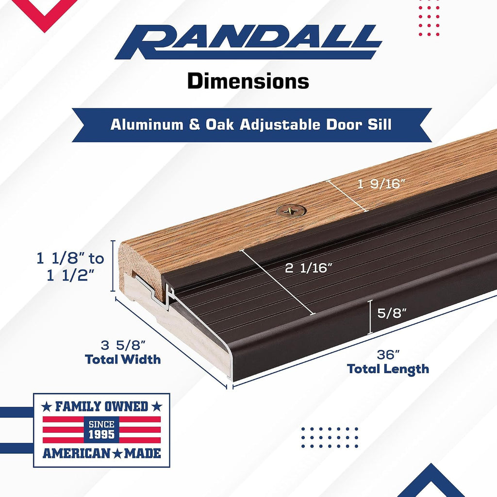 Oak & Aluminum Adjustable Threshold 3 5/8' Wide Adjustable from 1 1/8' to 1 1/2' High (72' Long Brown)
