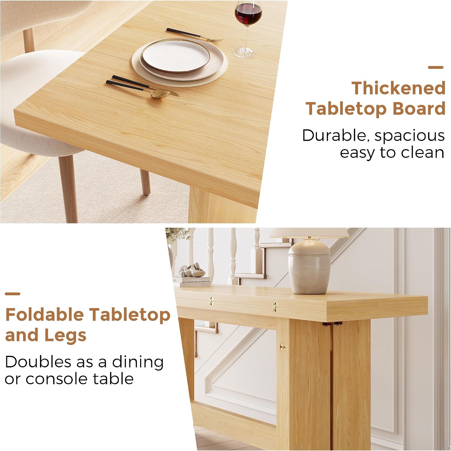 Jocoevol 63' Folding Dining Table for 4-6, Modern Dining Room Table with Large Foldable Tabletop & Legs, Wood Dining Tables for Kitchen Dining Room, Console Table for Living Room(Natural)