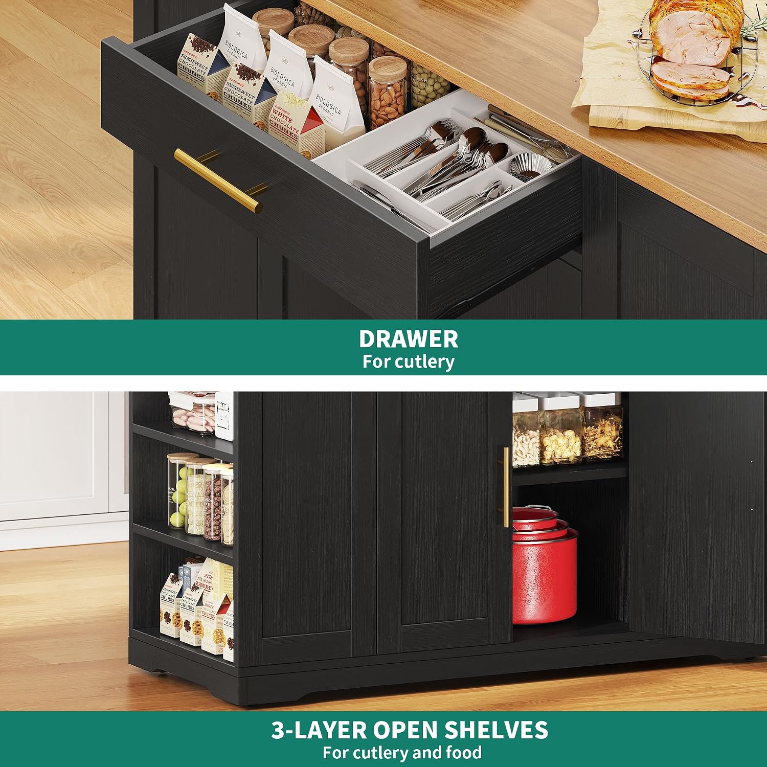 YITAHOME 53 Inch Large Rolling Kitchen Island with Trash Can Storage Cabinet, Portable Mobile Islands Table Long Floating Movable w Wheels Cabinet for 13 Gallon Garbage Bin 2 Drawer, Black