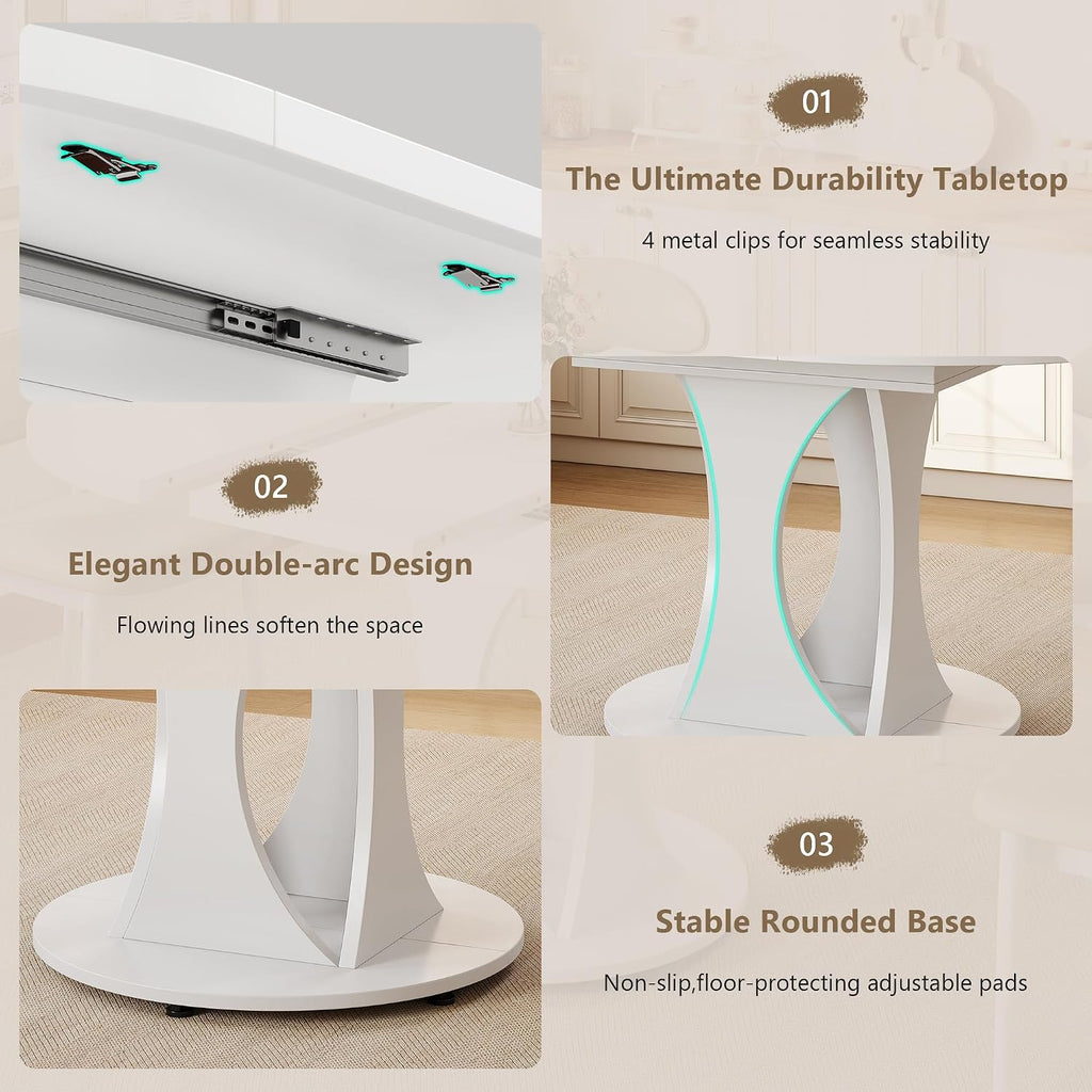 Einhomn 59' Extendable Round Dining Table for 6-8, Kitchen Table with Sturdy Double Arc Base & Backboard Clasp Desktop, Mid-Century Modern Dinner Table, Kitchen Dining Room, Space Saving, White