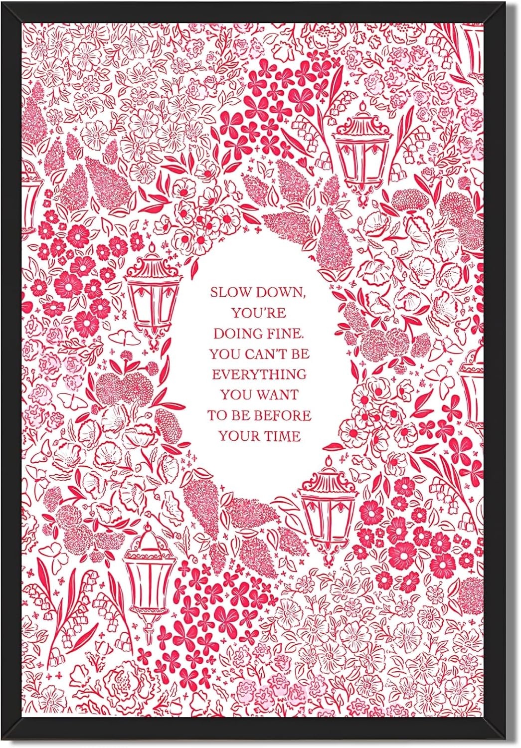 Black Framed Slow Down You're Doing Fine Music Posters Pink Motivational Quote Wall Art Vintage Floral Positive Daily Reminder Song Lyrics Canvas Print Aesthetic Bedroom Home Decor 24x36inch