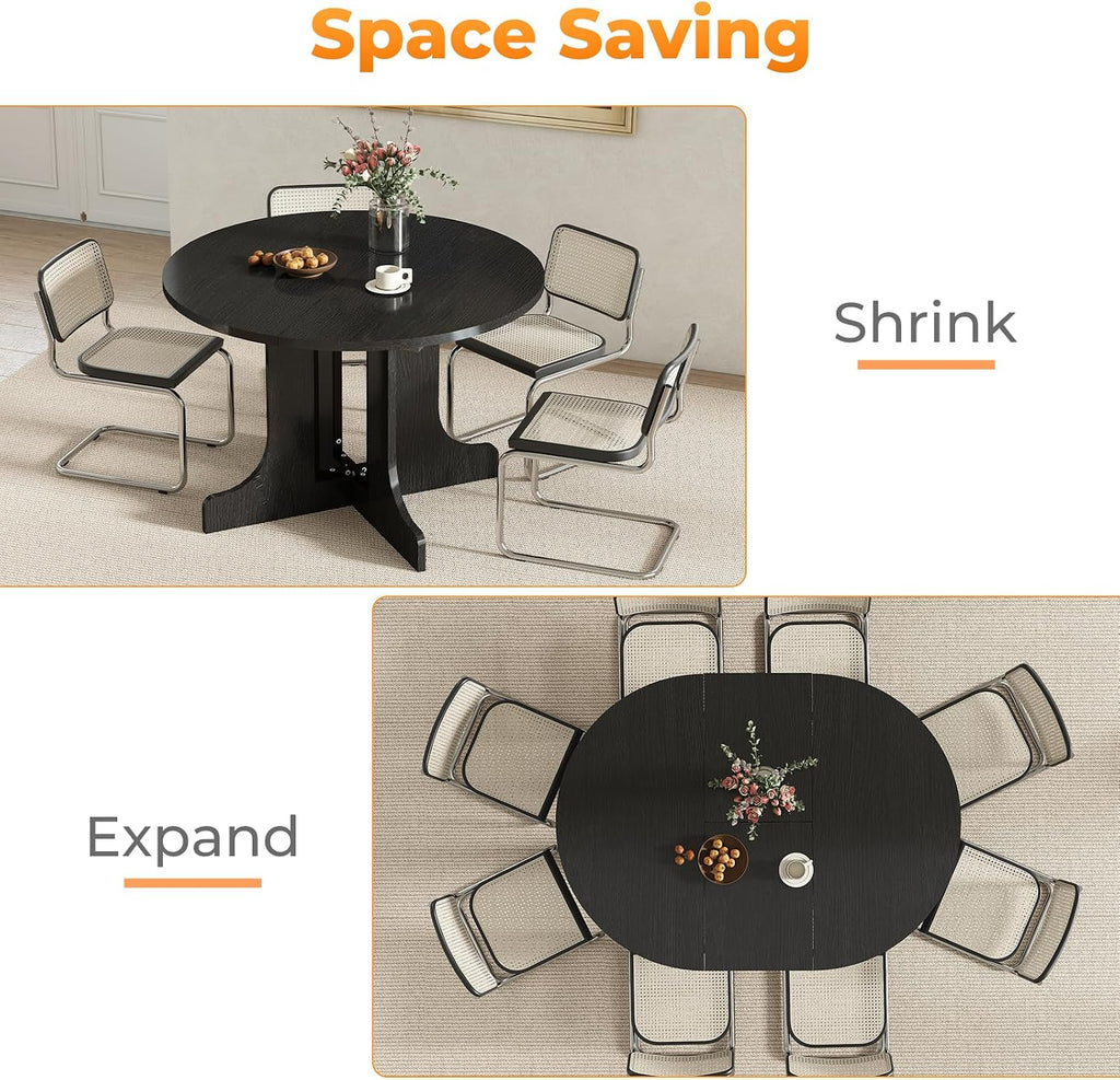 Zevemomo 43'-59' Round Expandable Dining Table, Extendable Dining Room Table for 4-6, Oval Tabletop with Wood Base Removable Leaf, Modern Black Circle Dinner Table for Kitchen Room Living Room