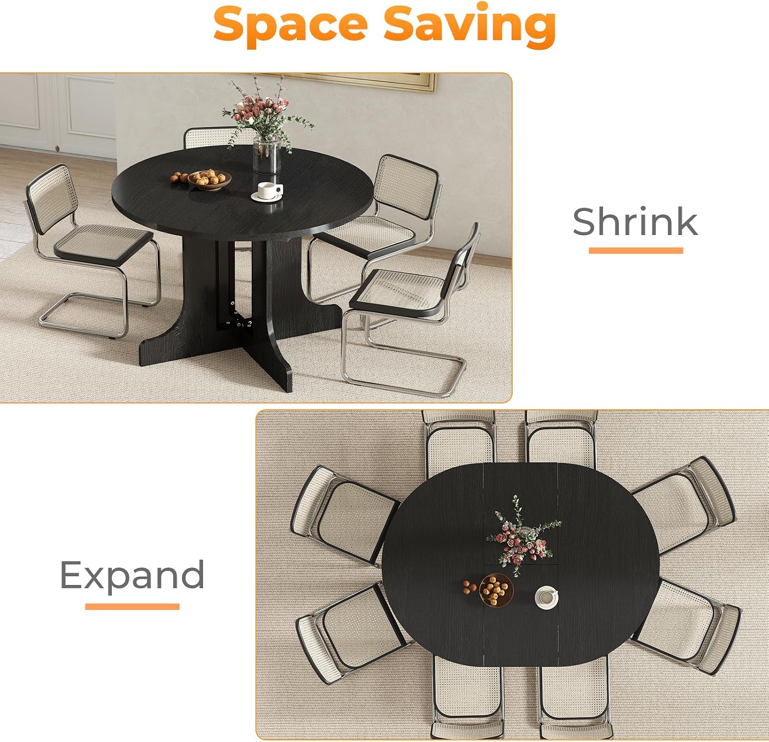 Zevemomo 43'-59' Round Expandable Dining Table, Extendable Dining Room Table for 4-6, Oval Tabletop with Wood Base Removable Leaf, Modern Black Circle Dinner Table for Kitchen Room Living Room