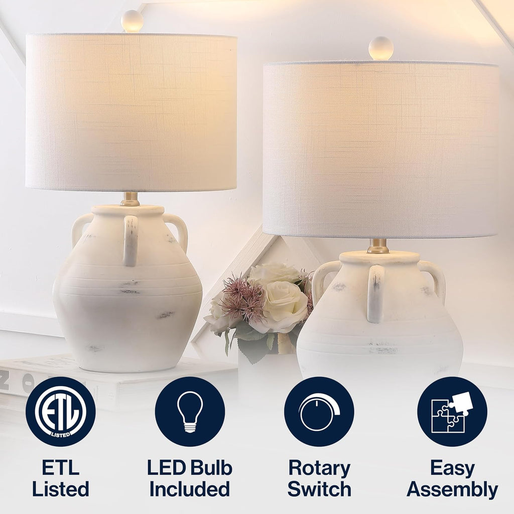 JONATHAN Y 20.5' White Ceramic Pottery Jar Table Lamp Set of 2 for Bedroom Living Room, Rustic Coastal French Country Cottage Style, White Linen Shade, LED Bulbs Included JYL5502A-SET2