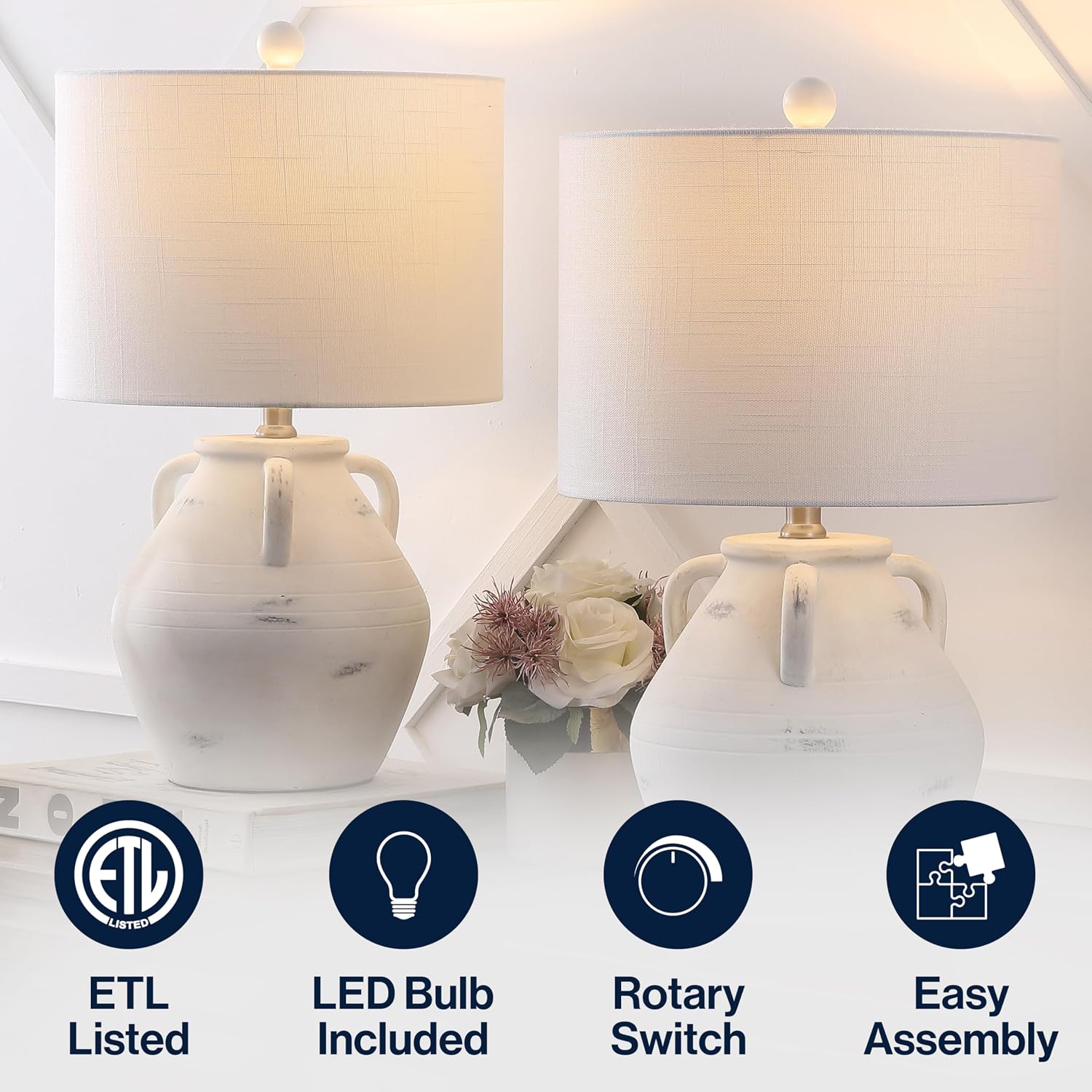 JONATHAN Y 20.5' White Ceramic Pottery Jar Table Lamp Set of 2 for Bedroom Living Room, Rustic Coastal French Country Cottage Style, White Linen Shade, LED Bulbs Included JYL5502A-SET2