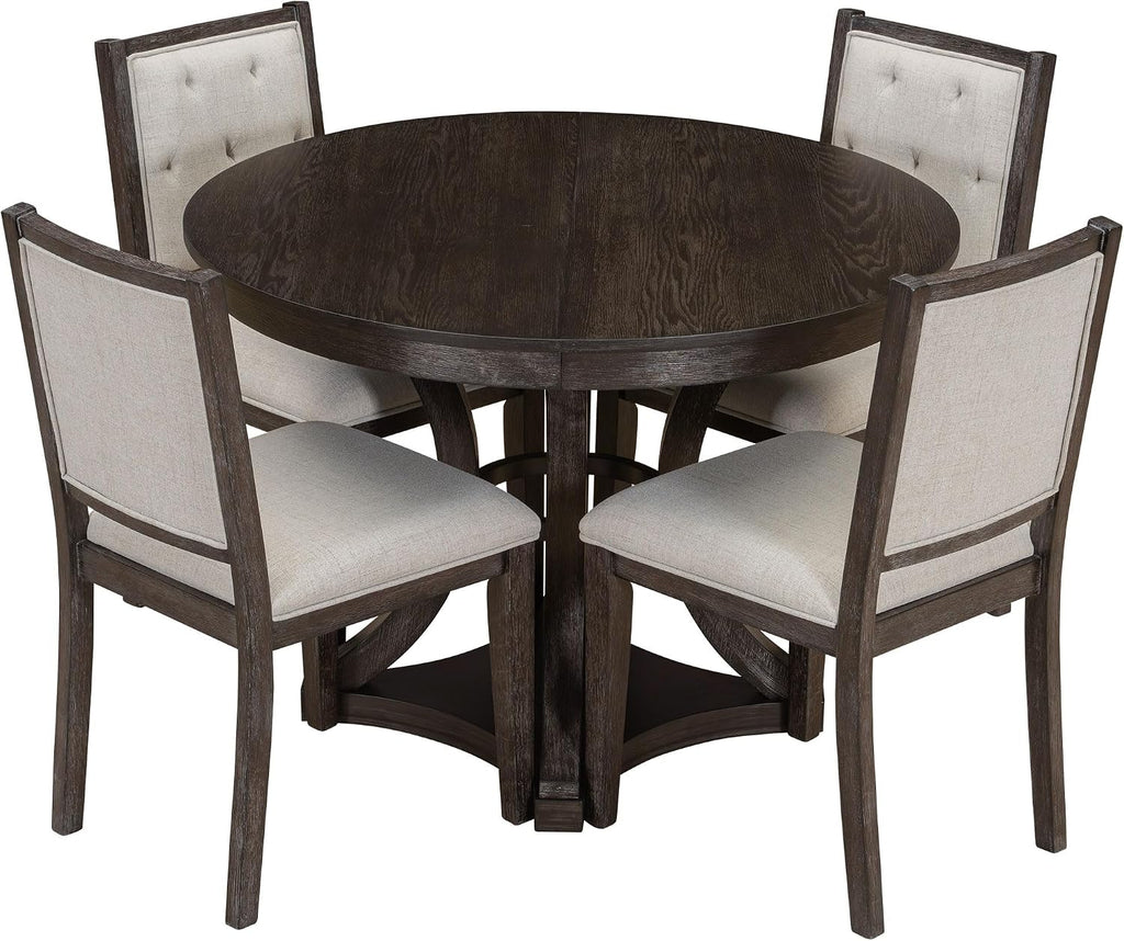 Bellemave Extendable Dining Table Set for 4, 5-Piece Retro Round Table Set with 4 Upholstered Chairs, Round Table with a 16' W Leaf, Oval Kitchen Table Set with Extendable Table (Espresso)