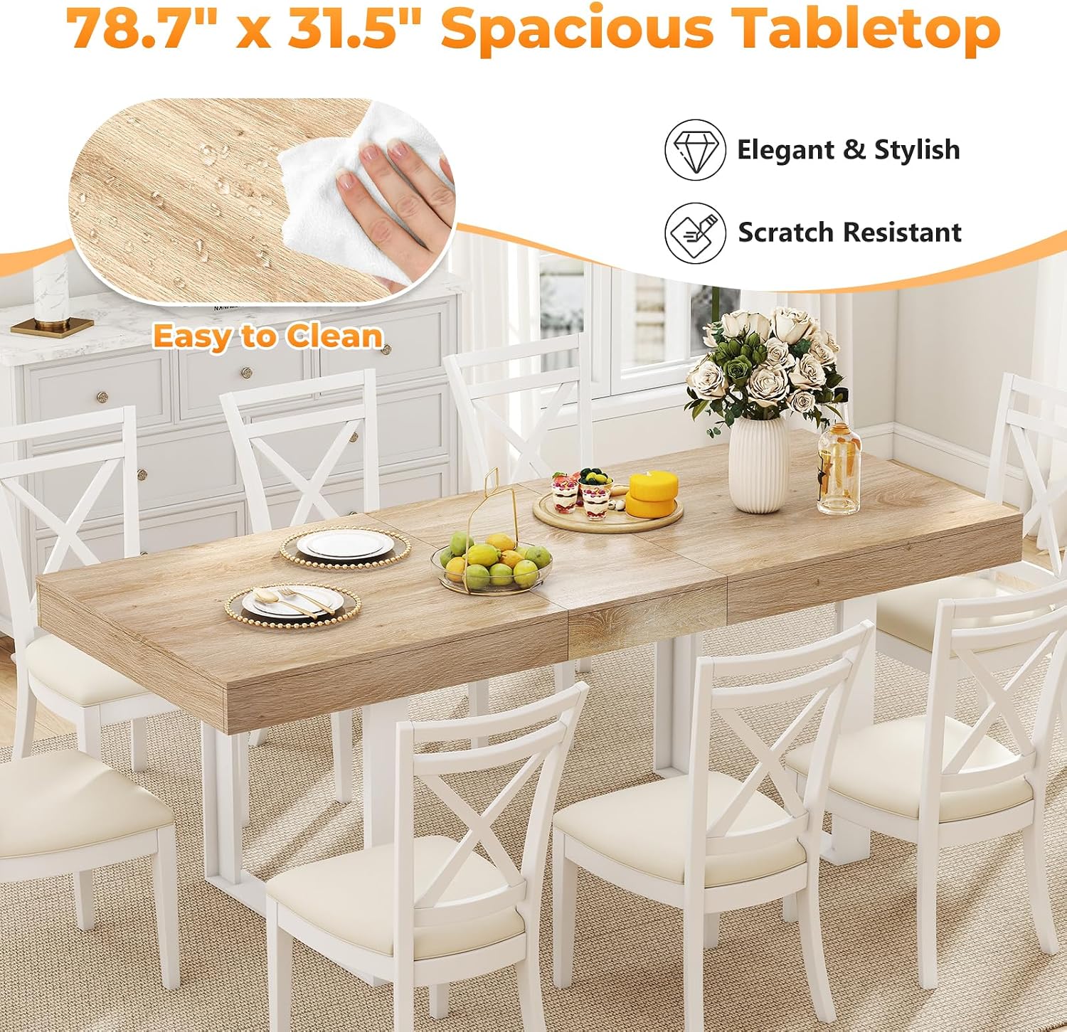 Zevemomo 63'-78.7' Expandable Dining Table, 6-10 Extendable Dining Table, Rectangle Conference Table, Farmhouse Kitchen Table with Slide Track, Tapered U-Shaped Wood Legs for Office, Living Room-Oak