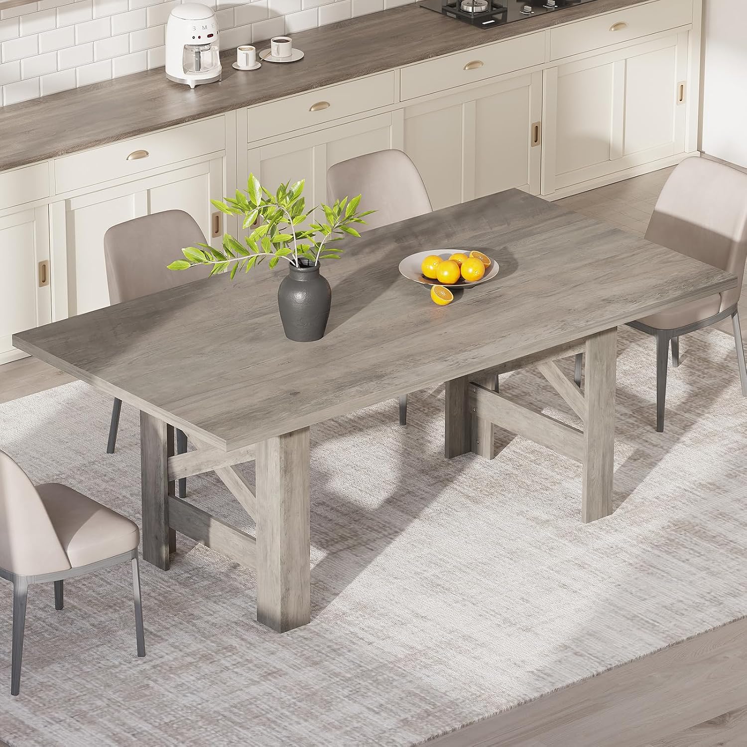 GarveeHome Dining Table for 6-8, 71' Long Wooden Farmhouse Barn Kitchen Table with Thick Sturdy Frame, Rectangular Dining Room Dinner Table with Stable Triangular Legs for Kitchen, Office, Retro Gray