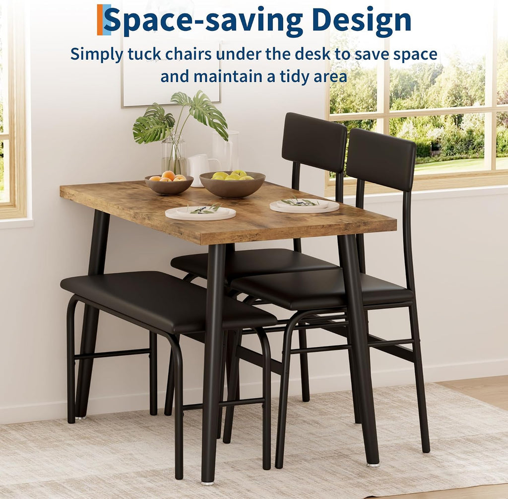IDEALHOUSE Dining Table Set for 4, 4 Piece Kitchen Table Set with Upholstered Bench & 2 Chairs, Breakfast Table for Samll Space, Dining Room, Apartment, Restaurant, Rustic Brown