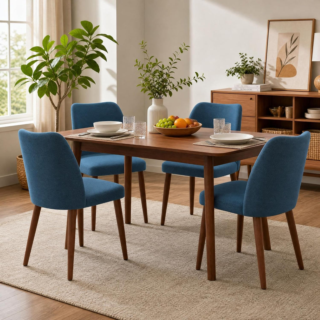 GarveeHome Linen Dining Chairs Set of 2 Upholstered Fabric Dining Chair with Wood Legs, Wing Backrest, Wooden Kitchen Chairs with Thick Cushions, Leveling Feet for Dining Room, Living Room, Blue
