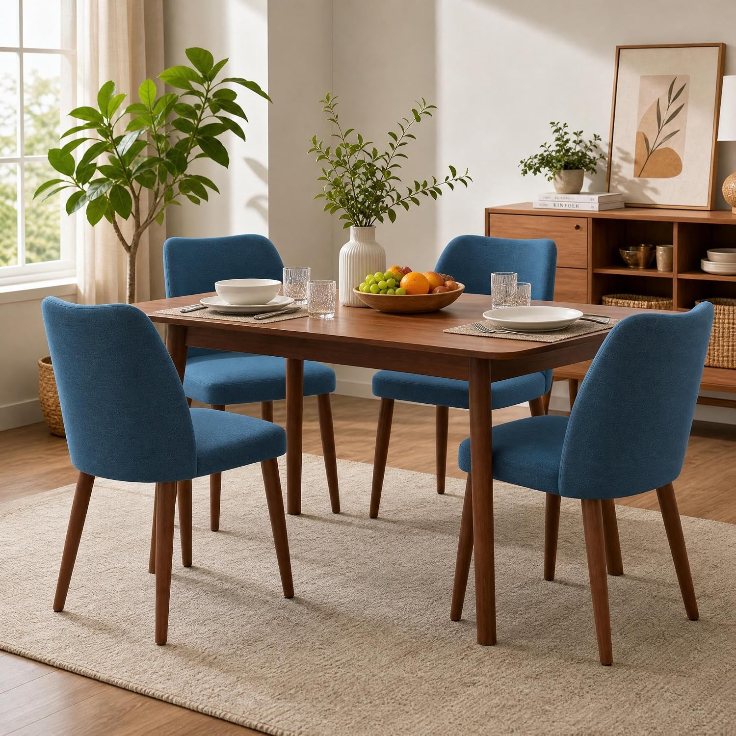 GarveeHome Linen Dining Chairs Set of 2 Upholstered Fabric Dining Chair with Wood Legs, Wing Backrest, Wooden Kitchen Chairs with Thick Cushions, Leveling Feet for Dining Room, Living Room, Blue