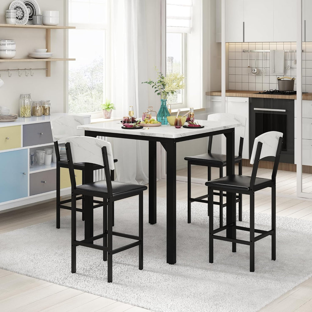 AWQM 5-Piece Dining Table Set, Dining Table Set for 4, Counter Height Table & 4 Bar Stools, Modern Kitchen Dining Set, with Upholstered Chairs, Compact Dining Set for Small Spaces, Marble Texture